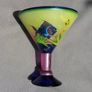 Tropical Vintage Blown Glass Martini Vase with Hand Painted Angel Fish Seascape